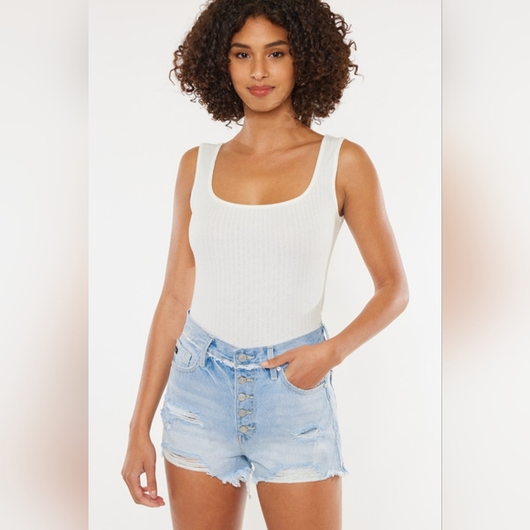 KanCan Button Fly High Rise Distressed Frayed Torn Denim Cut-Off Jean Shorts - Picture 3 of 13
